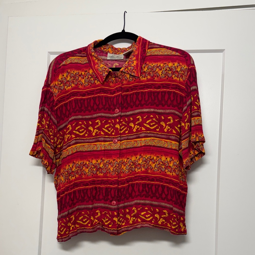 Kathie Lee Red and Yellow Short Sleeve Button Up Top